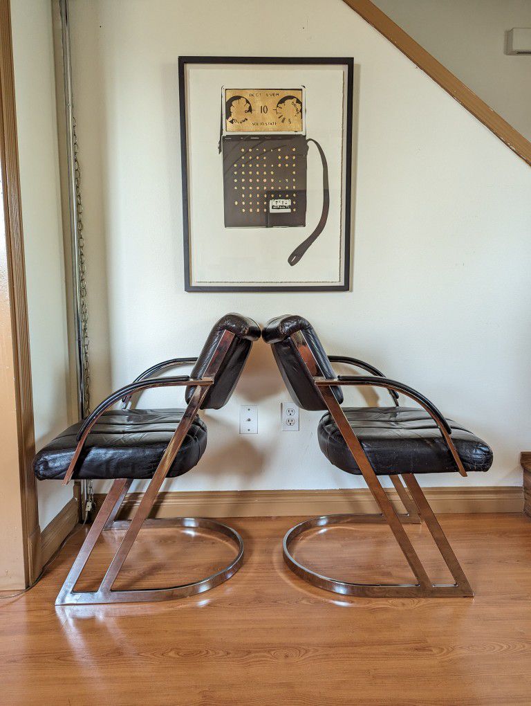 Vintage Postmodern Chrome & Black Leather Pair of Cantilever Z Chairs