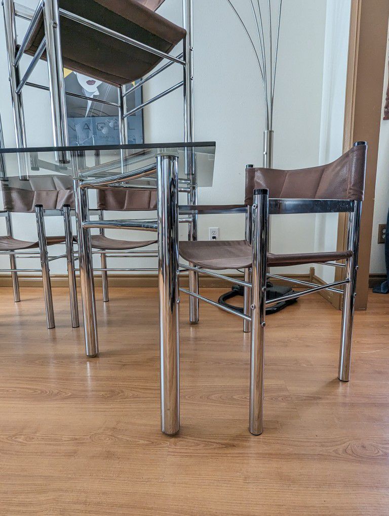 MCM Chrome Dining Table w/ Smoked Glass & 6 Sling Chair Set by James David Inc.