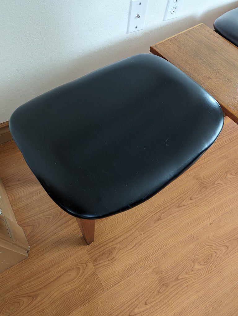 Mid Century Modern Walnut, Teak & Black Faux Leather Two Person Bench & Table