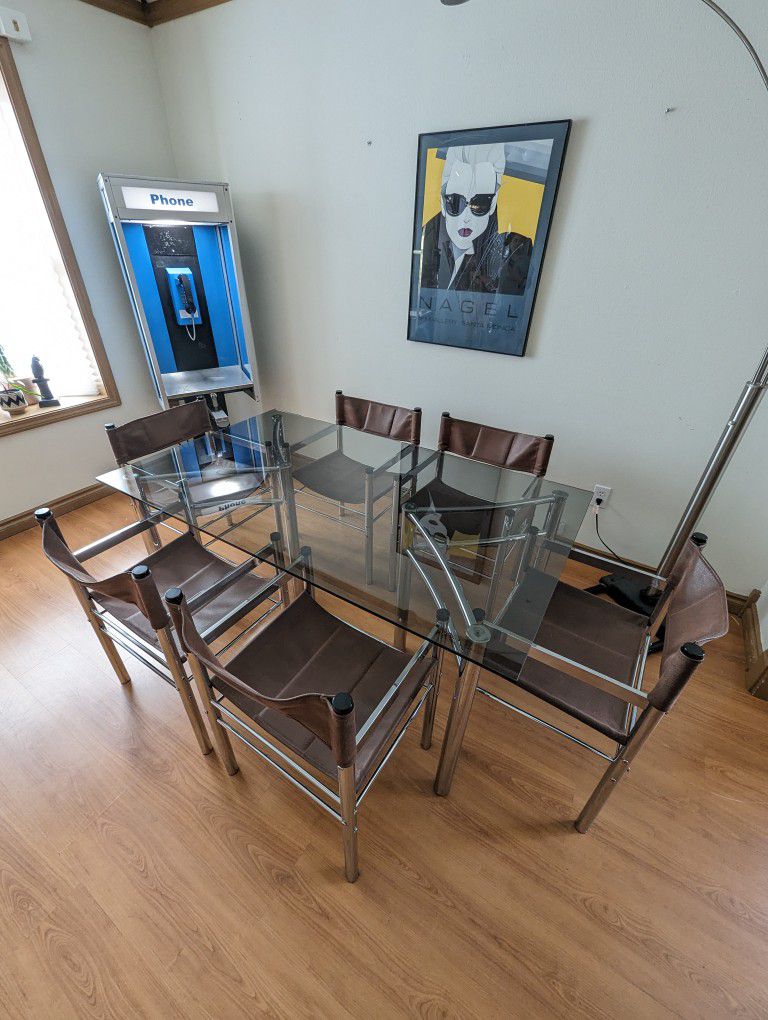 MCM Chrome Dining Table w/ Smoked Glass & 6 Sling Chair Set by James David Inc.