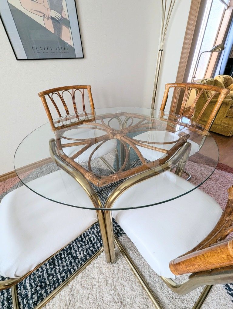 Vintage Cantilevered Brass & Bamboo Postmodern Dining Set w/ 4 Chairs