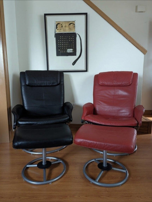 Pair of Vintage Ekornes Stressless Style Black & Red Leather Lounge Chair Recliners by IKEA