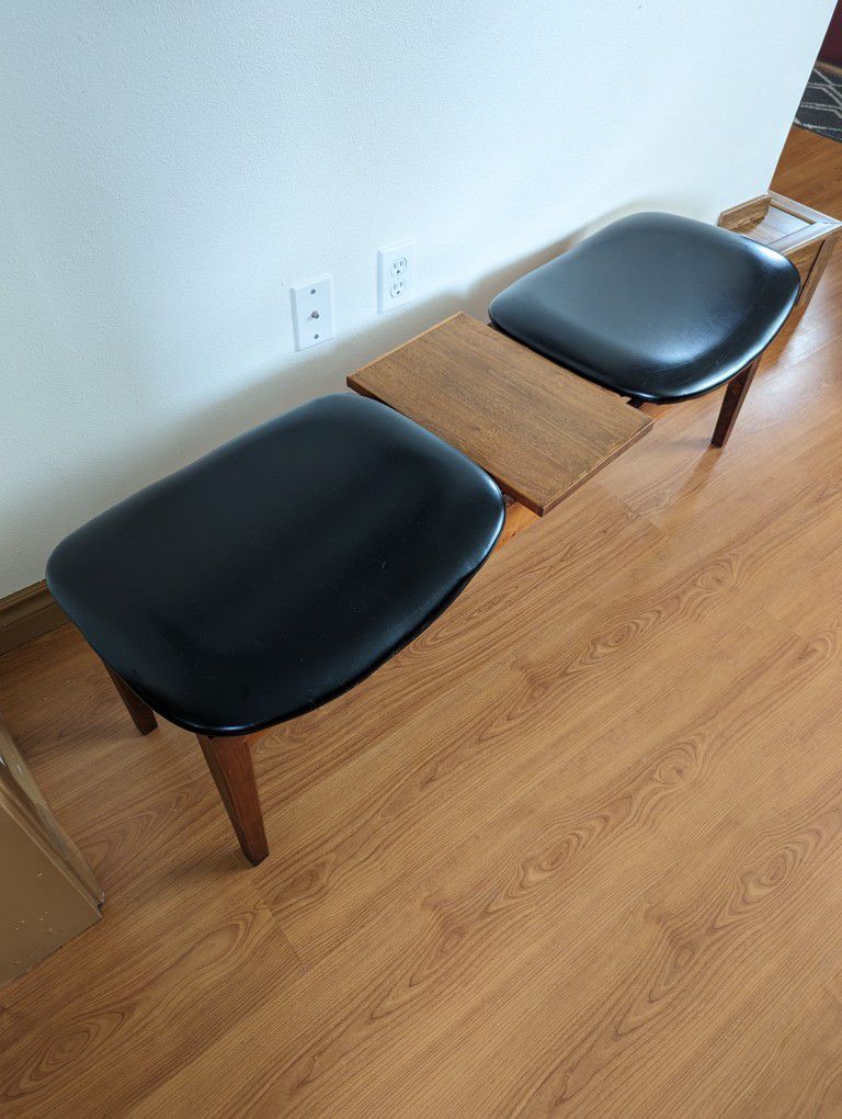 Mid Century Modern Walnut, Teak & Black Faux Leather Two Person Bench & Table