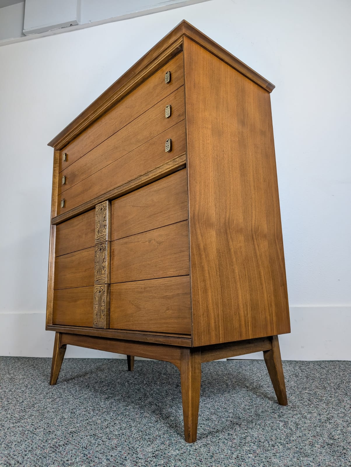 Mid Century Modern Bassett Mayan 6 Drawer Walnut Highboy