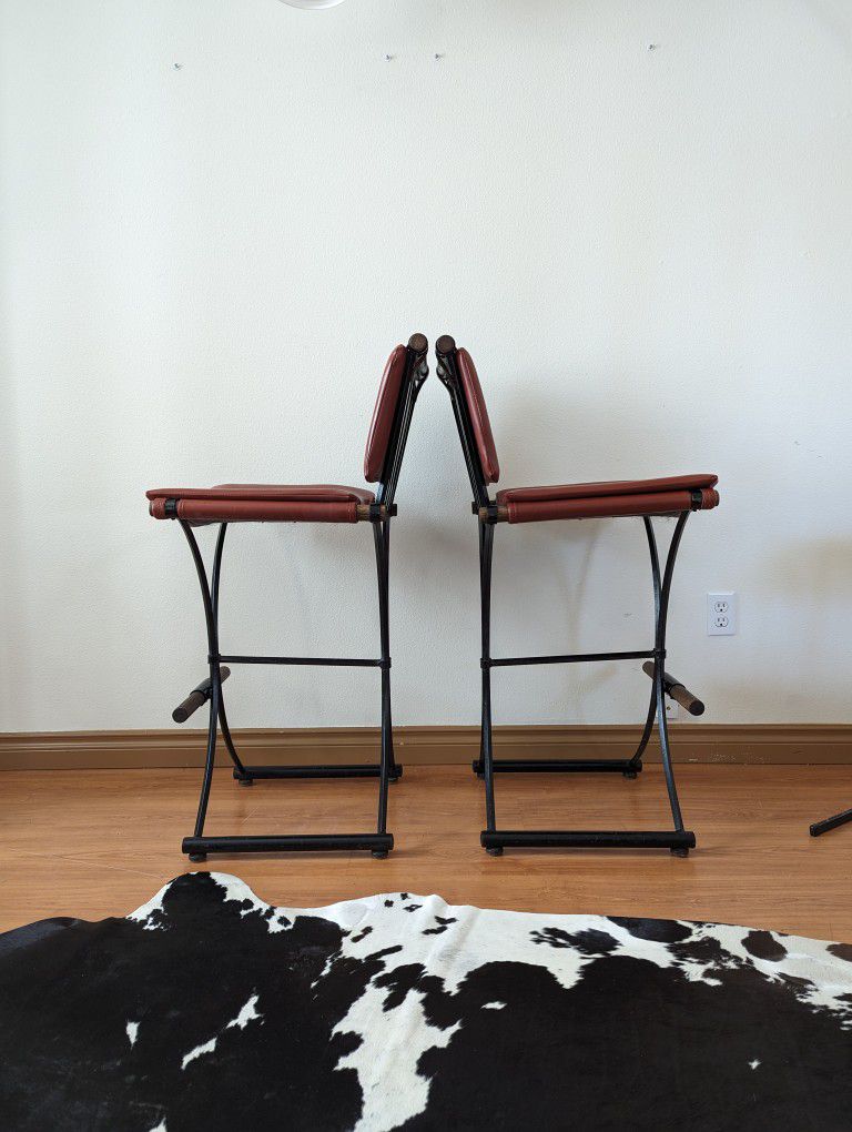 Mid Century Set of Wrought Iron & Wood Barstools