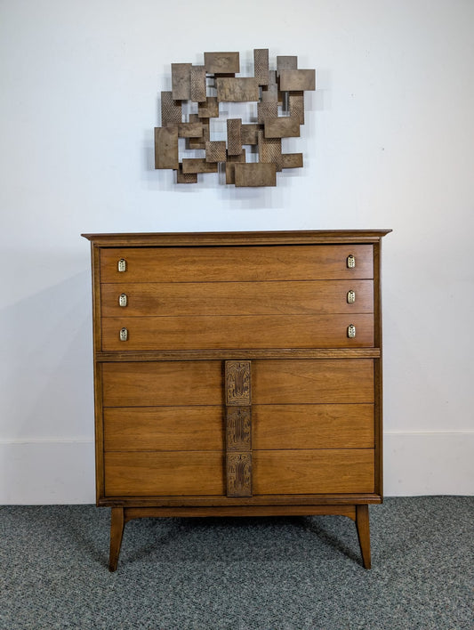 Mid Century Modern Bassett Mayan 6 Drawer Walnut Highboy