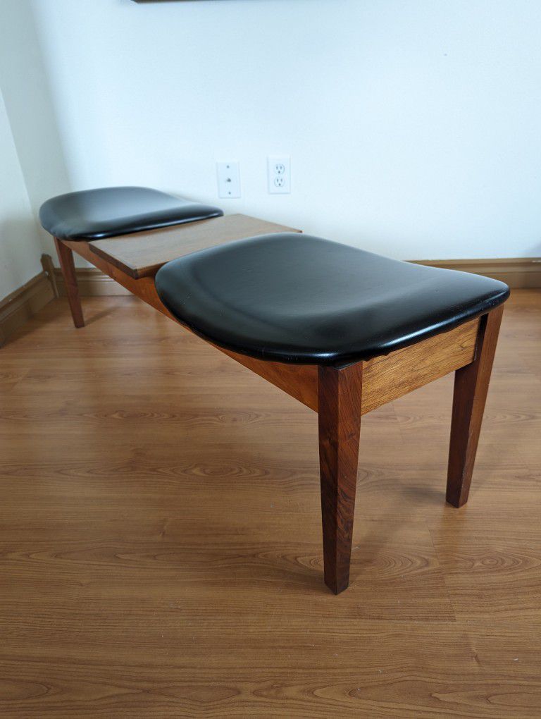 Mid Century Modern Walnut, Teak & Black Faux Leather Two Person Bench & Table