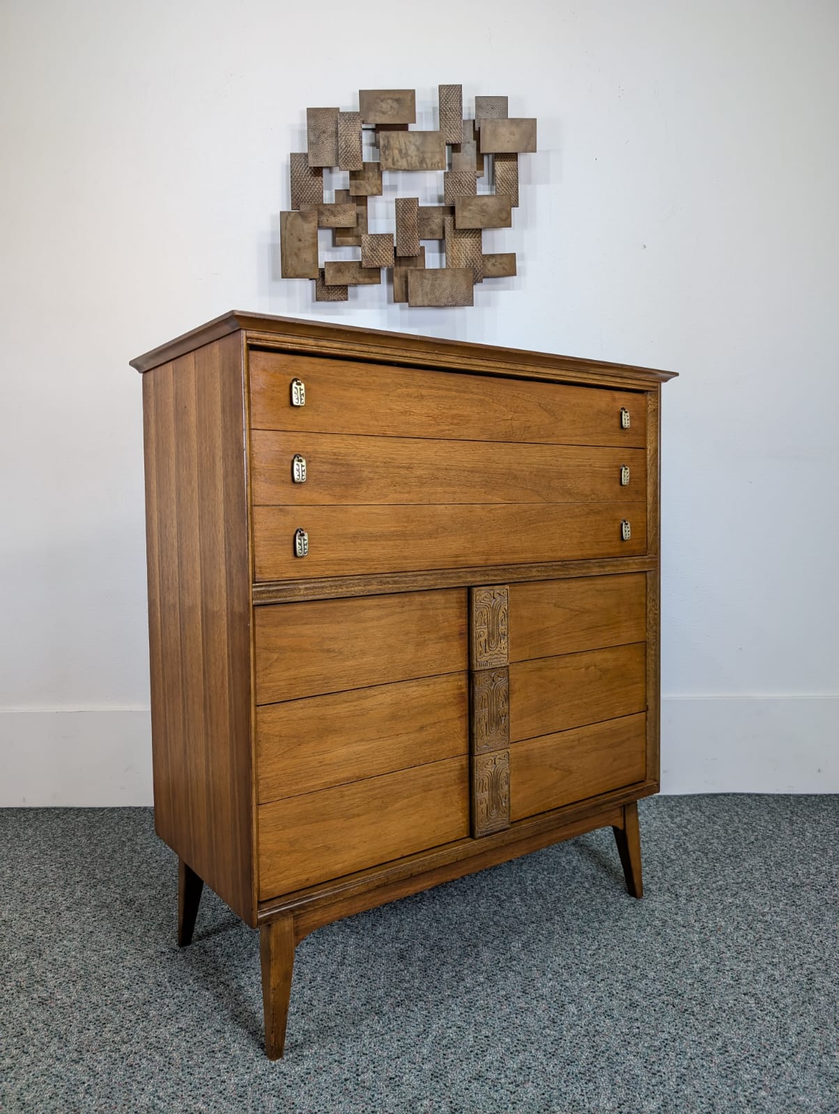 Mid Century Modern Bassett Mayan 6 Drawer Walnut Highboy