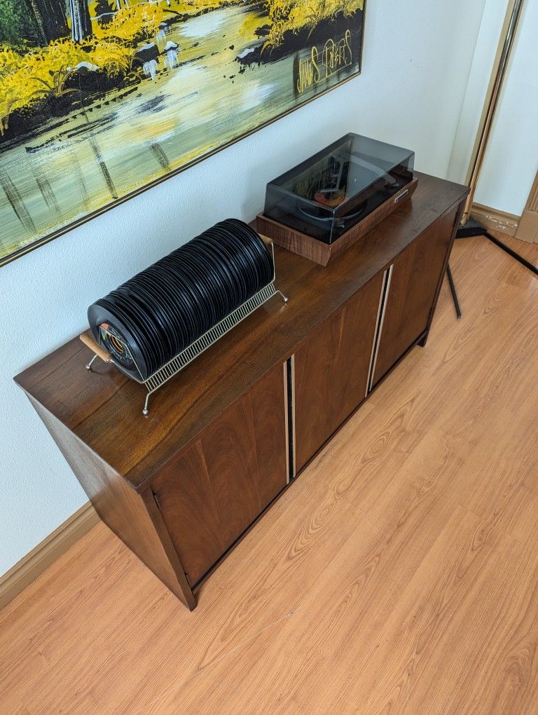 Mid Century Modern Walnut & Chrome Record Cabinet Credenza