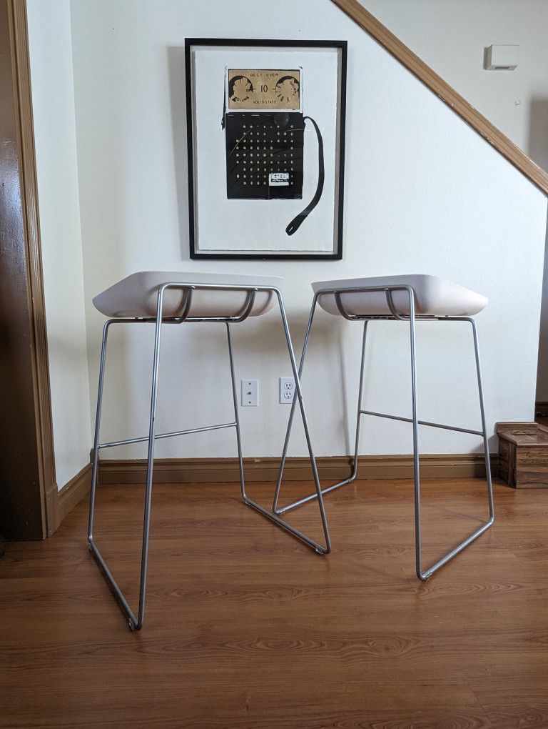 Pair of MCM Style Minimalist Scoop Barstools by Steelcase