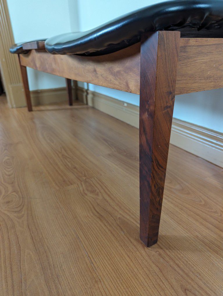 Mid Century Modern Walnut, Teak & Black Faux Leather Two Person Bench & Table