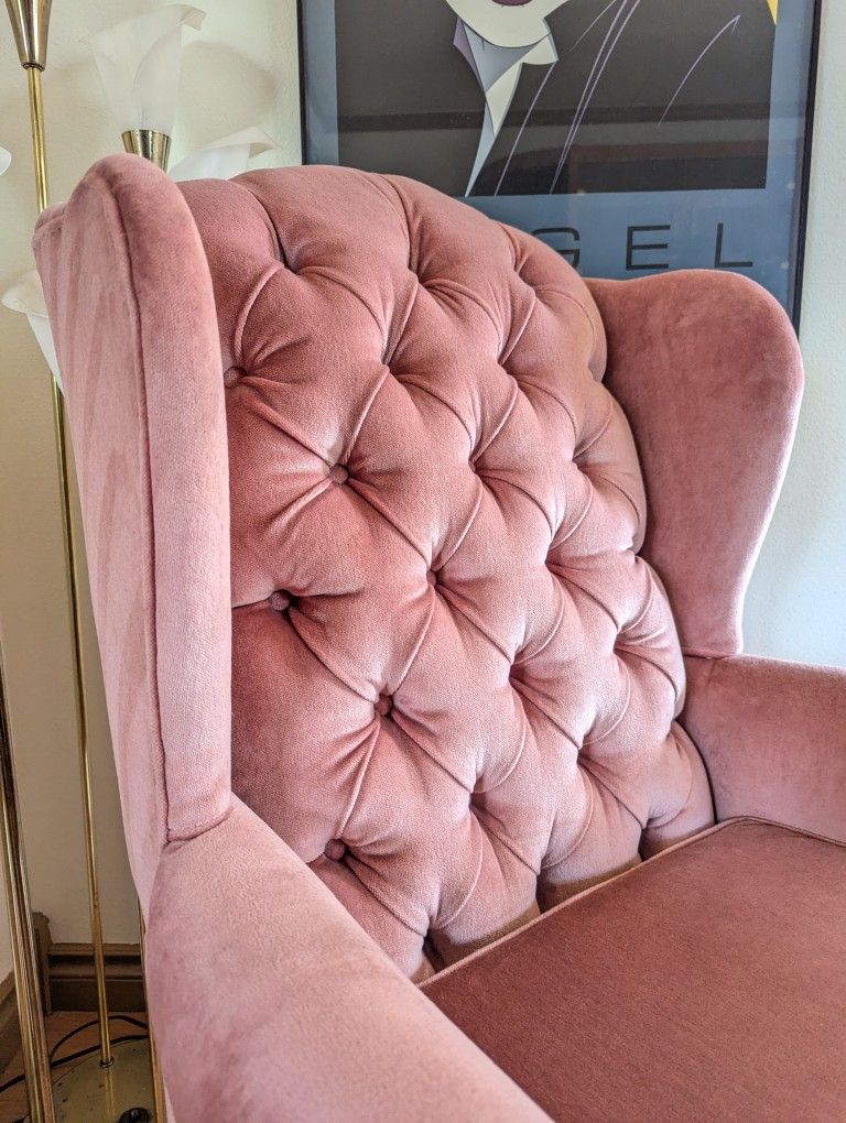 Postmodern Vintage Pink Velvet Upholstered Wingback Lounge Chairs