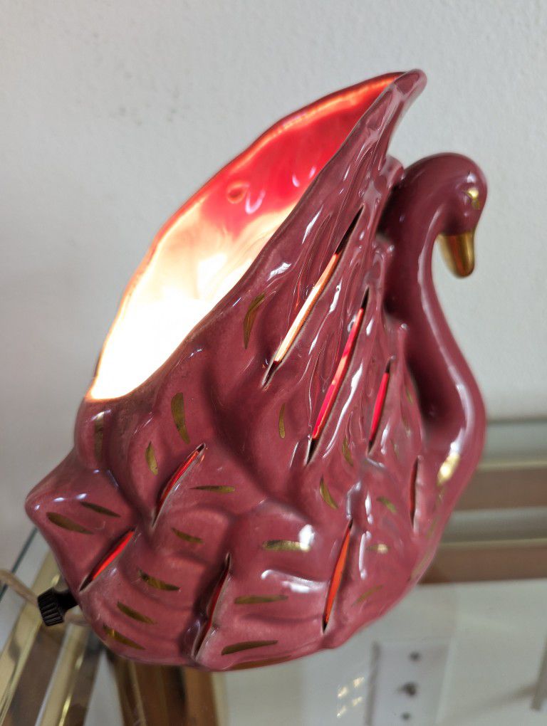 Mid Century Vintage Raspberry & Gold Ceramic Swan Table Lamp Statue