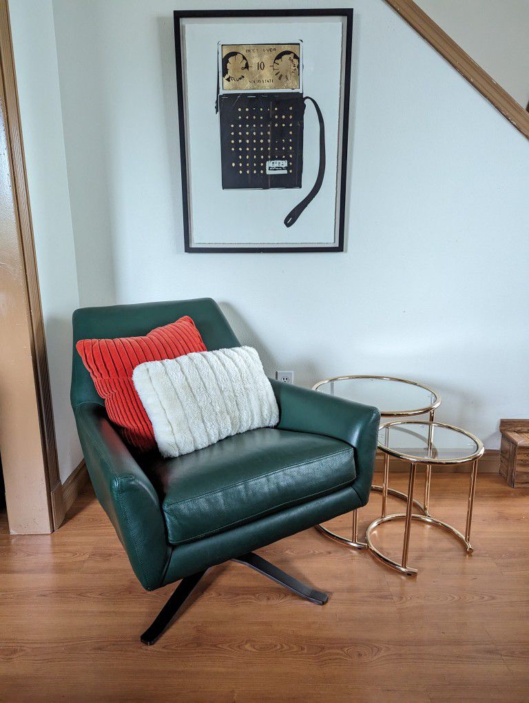MCM Green Leather Lucas Model Swivel Lounge Chair by West Elm