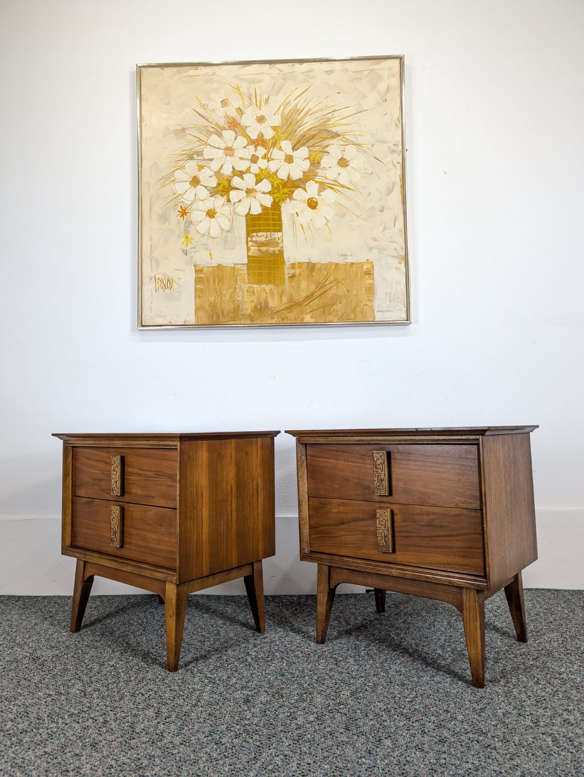 Pair of Walnut MCM Mayan Nightstands by Leo Jiranek for Bassett