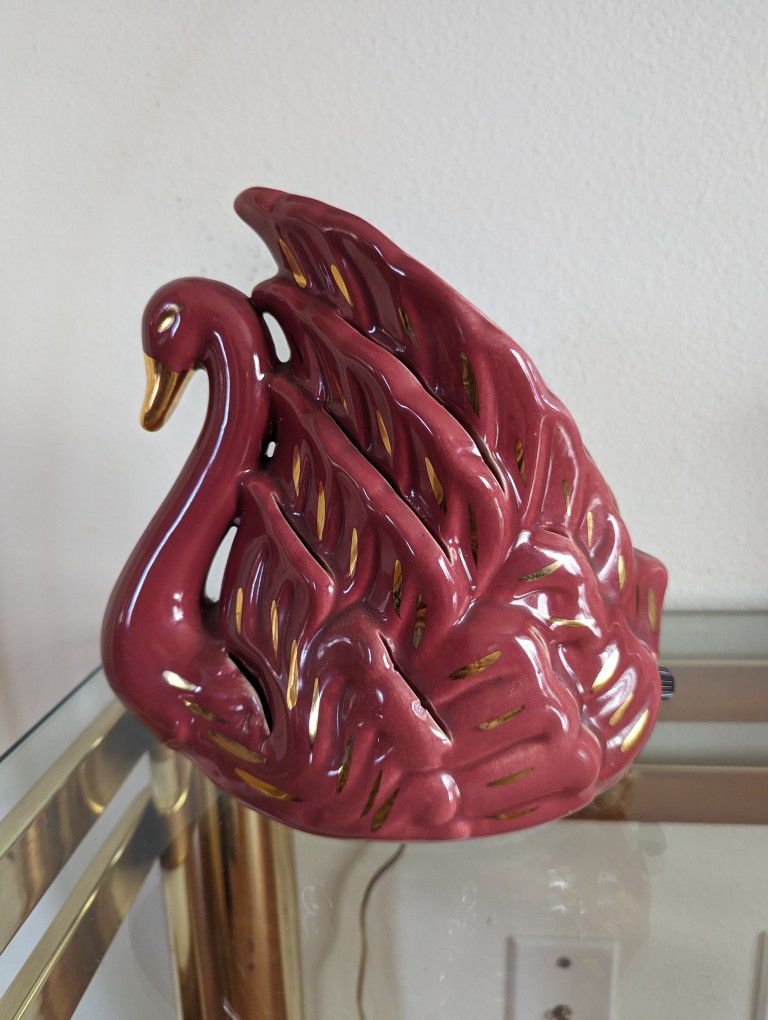 Mid Century Vintage Raspberry & Gold Ceramic Swan Table Lamp Statue