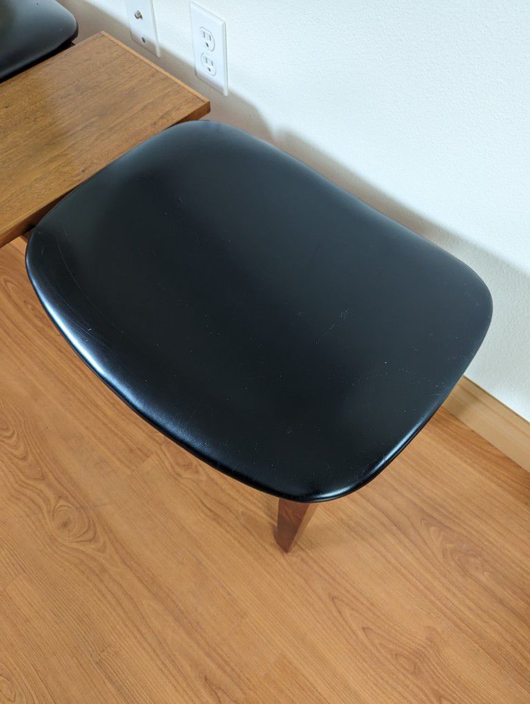 Mid Century Modern Walnut, Teak & Black Faux Leather Two Person Bench & Table