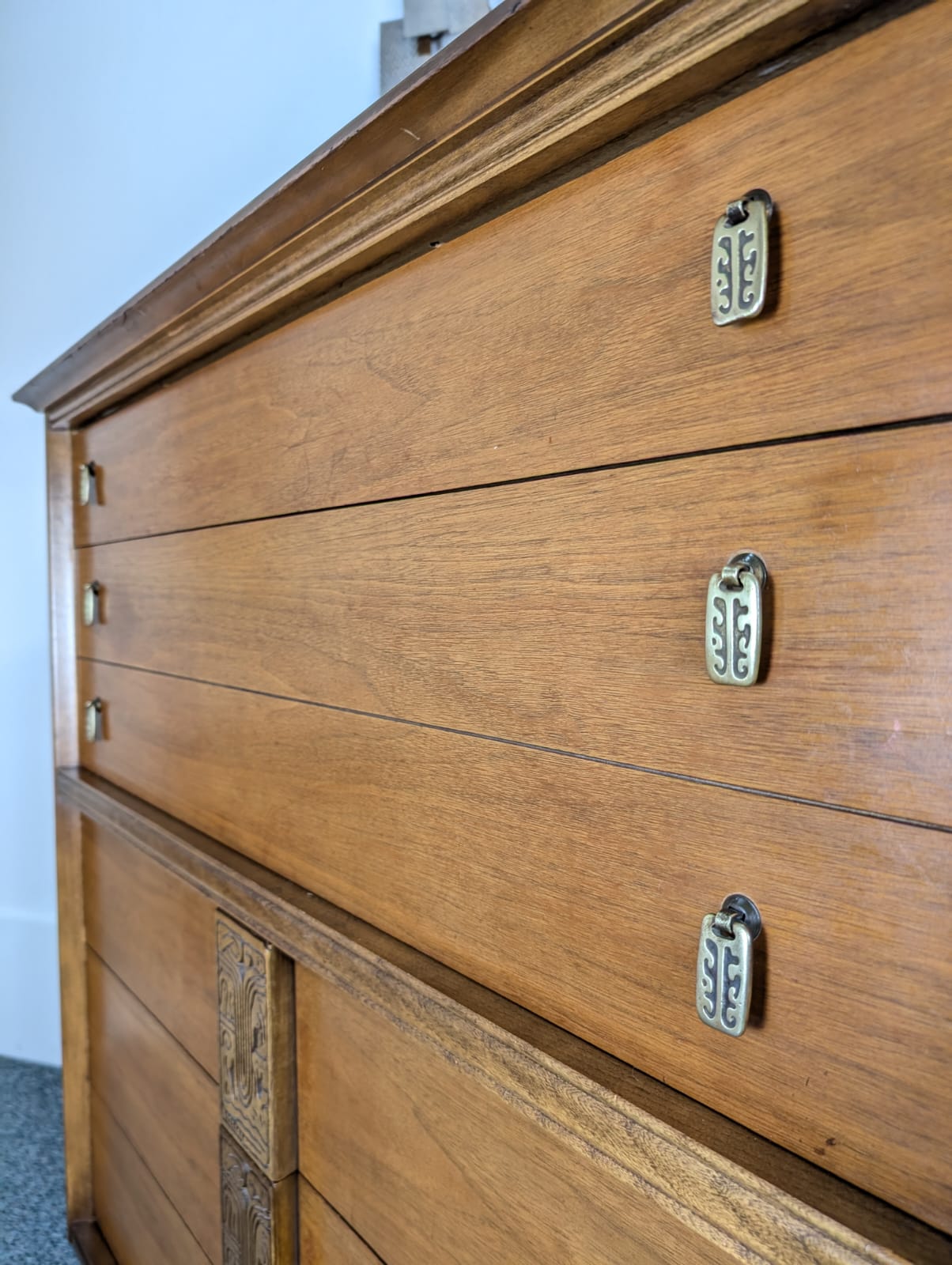 Mid Century Modern Bassett Mayan 6 Drawer Walnut Highboy