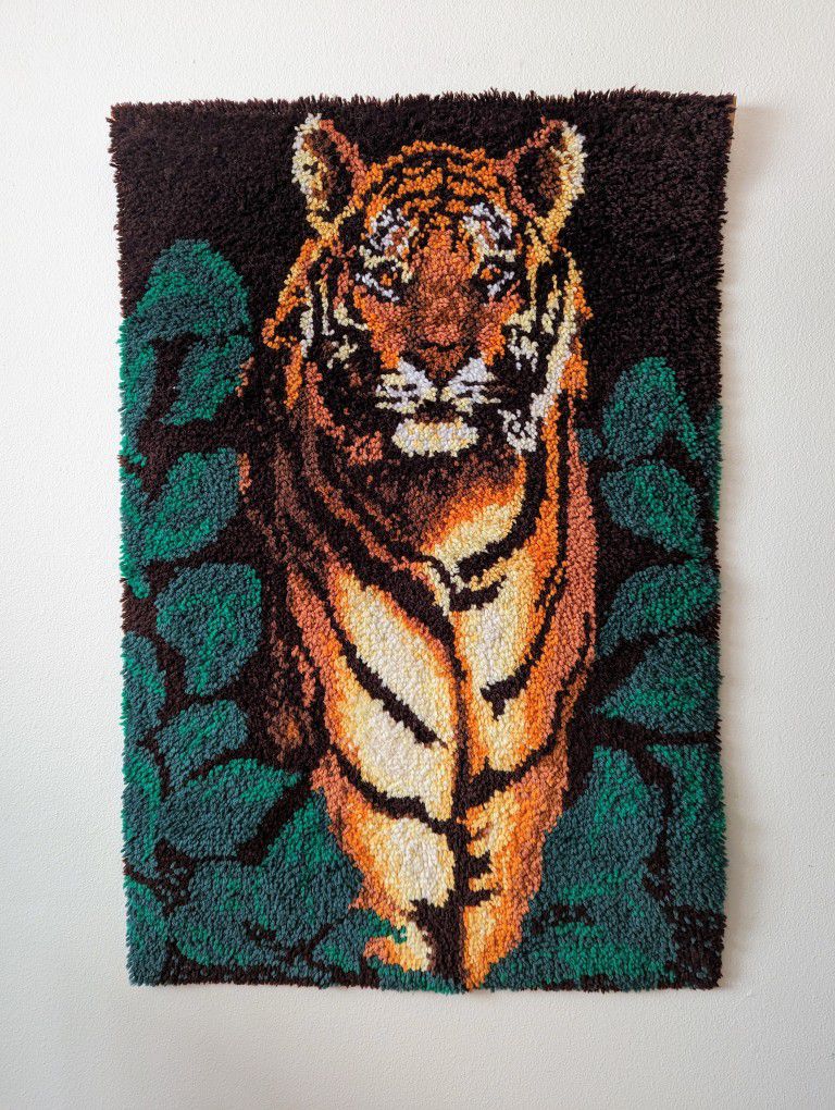 1970's Mid Century Boho Latch Hook Tiger & Lion Wall Art
