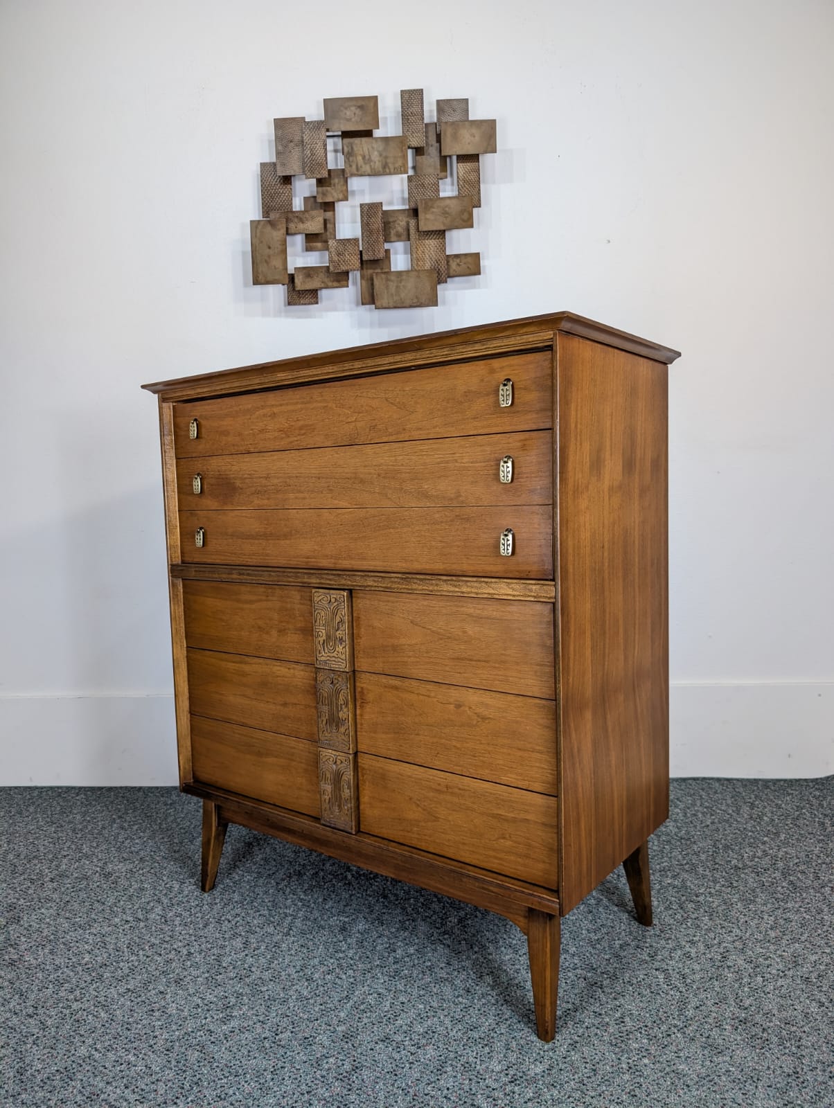 Mid Century Modern Bassett Mayan 6 Drawer Walnut Highboy