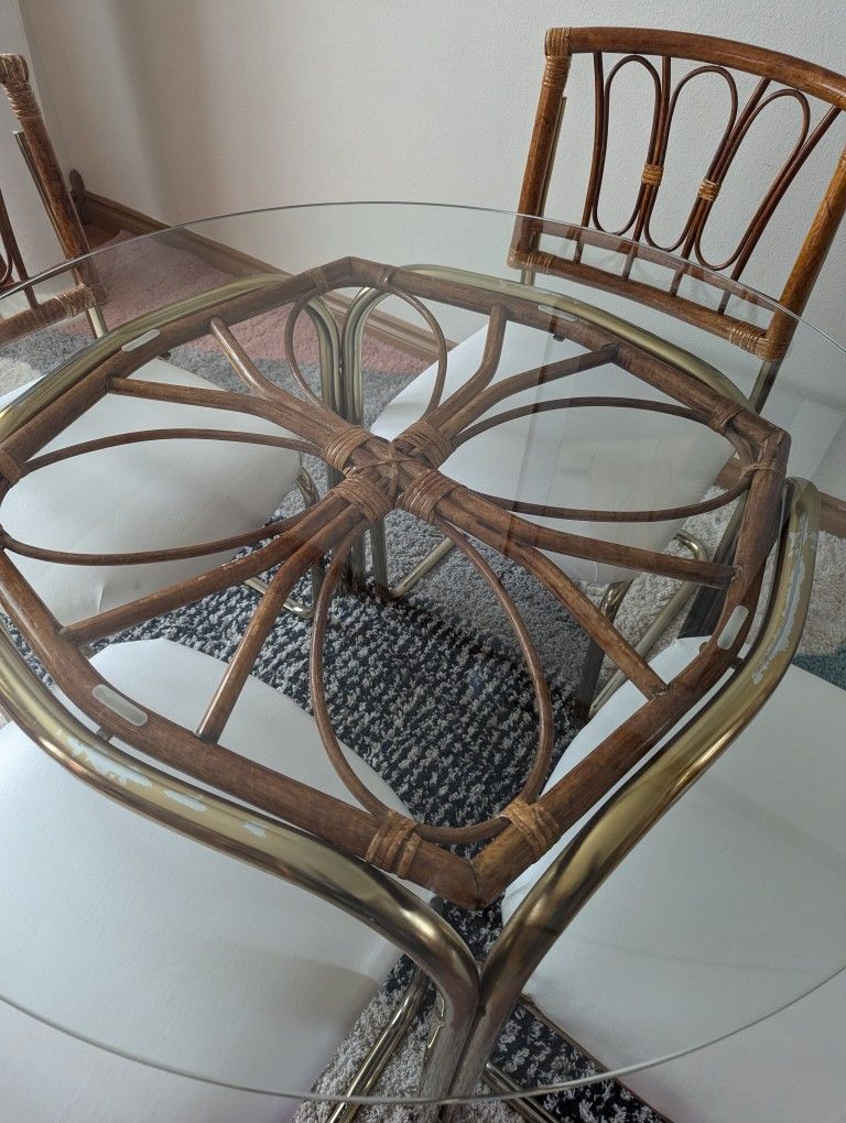 Vintage Cantilevered Brass & Bamboo Postmodern Dining Set w/ 4 Chairs