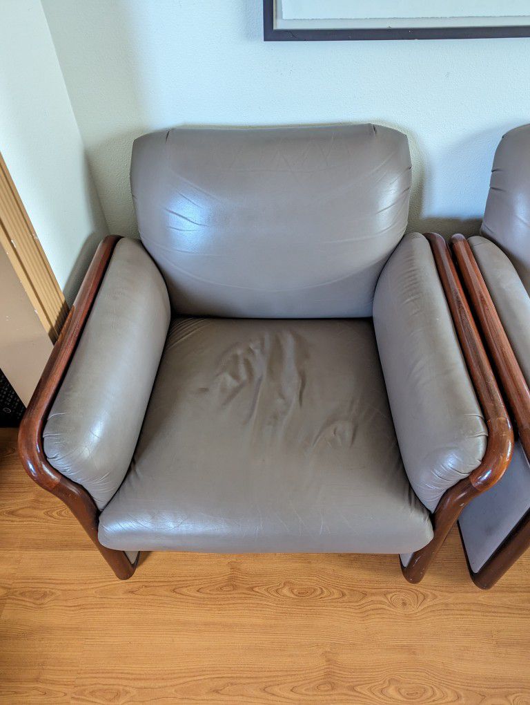 Pair Of Clay Leather & Teak Framed Postmodern Club Lounge Chairs By Kimball