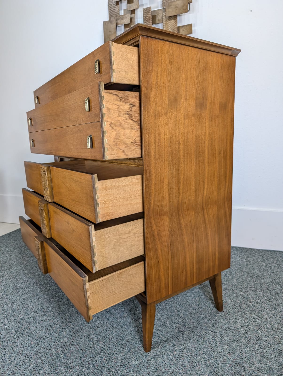 Mid Century Modern Bassett Mayan 6 Drawer Walnut Highboy