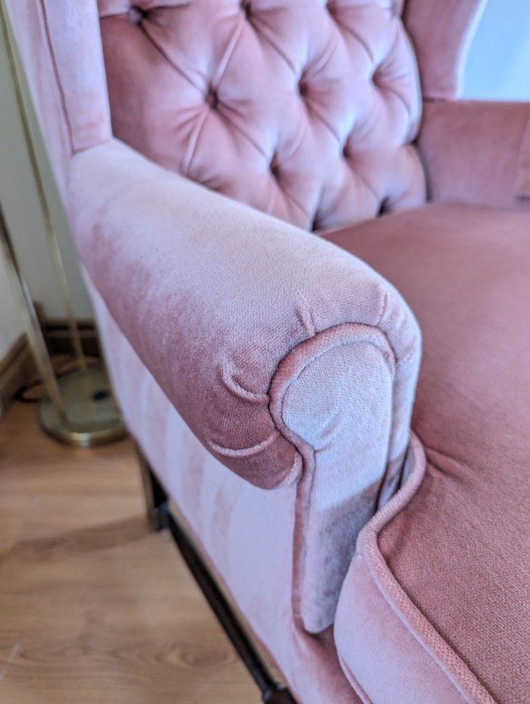 Postmodern Vintage Pink Velvet Upholstered Wingback Lounge Chairs